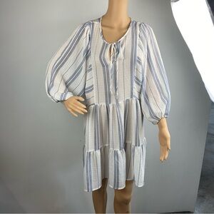 Blu Pepper Womens Small Blue White Striped Balloon Sleeve Tunic Dress Sheer